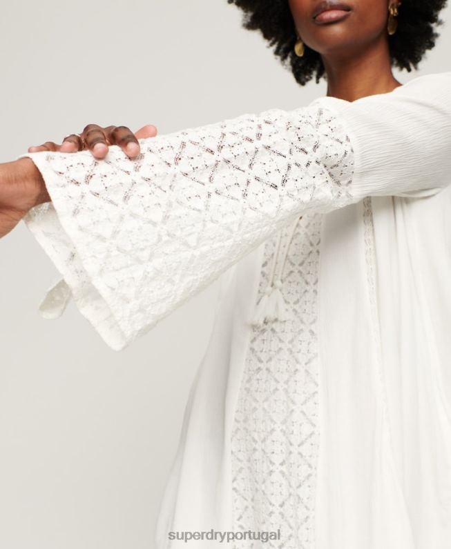 vestido mini manga flare em renda mulheres creme roupas Superdry 2208H2079