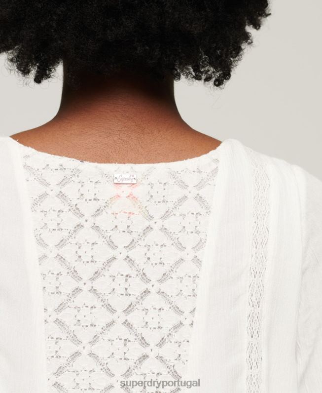 vestido mini manga flare em renda mulheres creme roupas Superdry 2208H2079