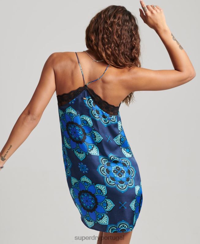 vestido mini slip de cetim com acabamento em renda mulheres azul roupas Superdry 2208H2510
