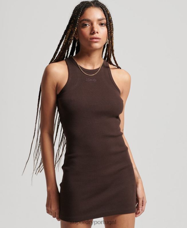 vestido regata essencial code logo mulheres marrom roupas Superdry 2208H2441