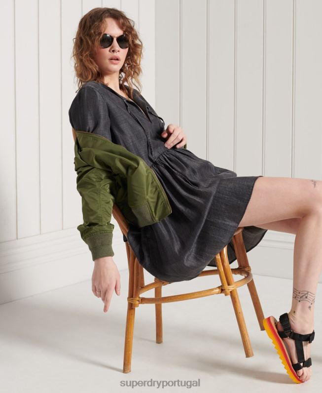 vestido tencel manga longa mulheres preto roupas Superdry 2208H2549