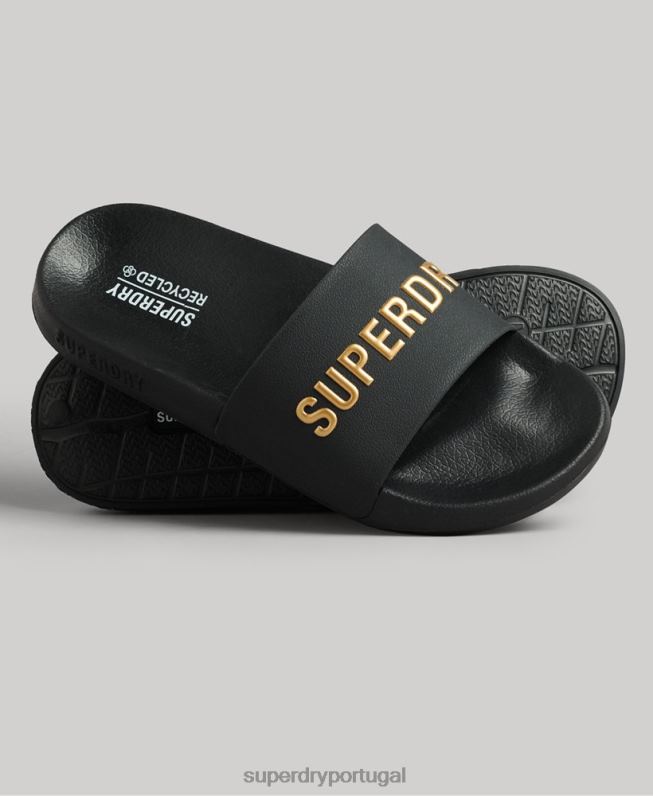 controles deslizantes de piscina de logotipo de código mulheres preto sapato Superdry 2208H4345